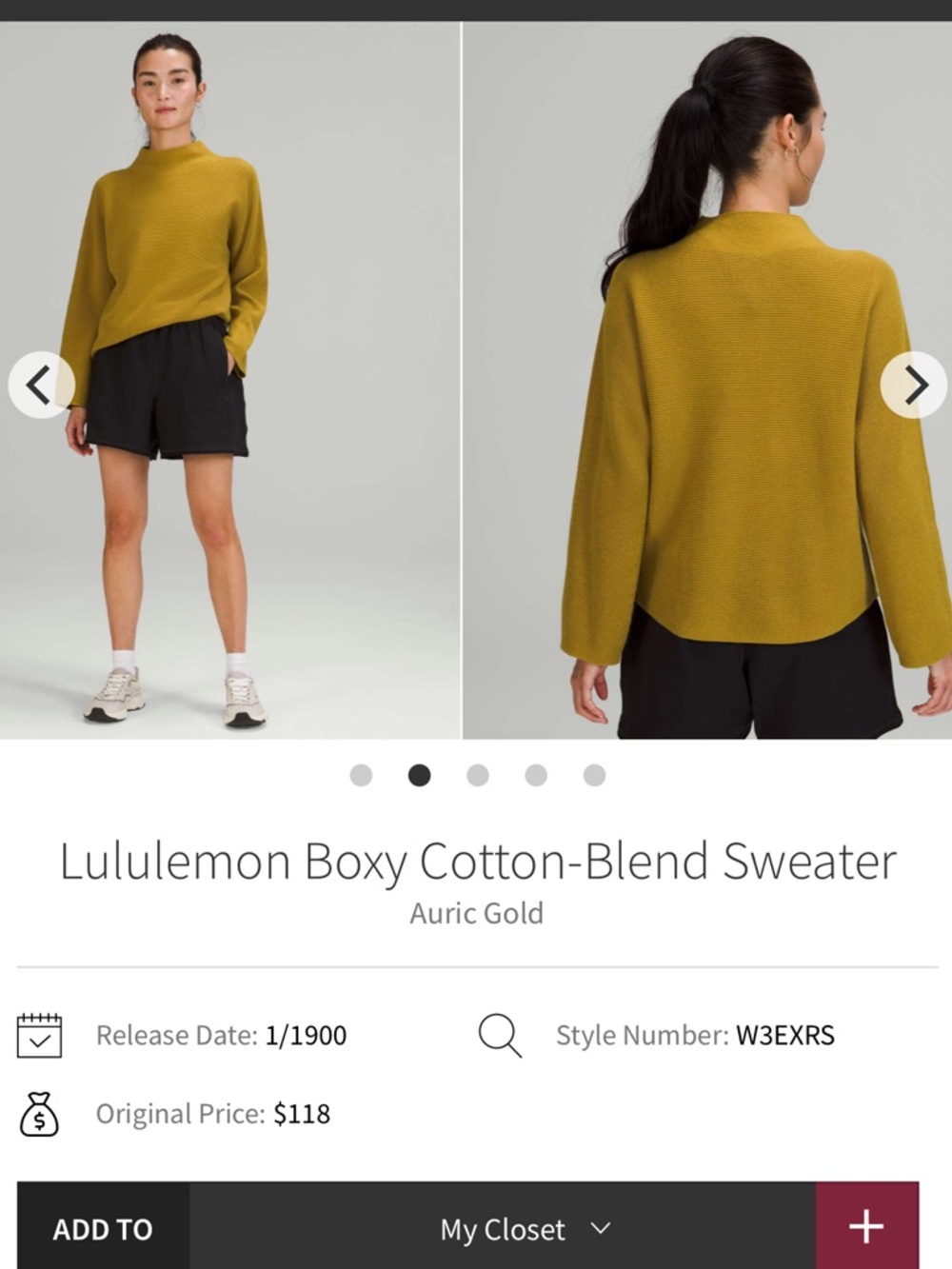 147-$65NWT *FREE SHIPPING* Lululemon Boxy Cotton-Blend Sweater Auric Gold M/L